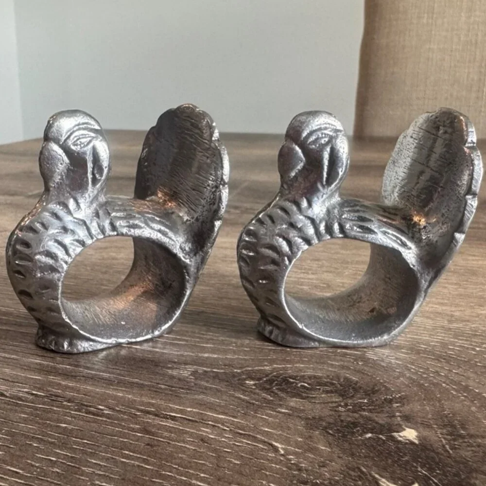 Set of 2 Silver Tone Turkey Napkin Ring Holder Made in India